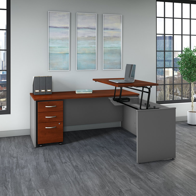 Hansen Cherry & Graphite Gray Ergonomic L-Shaped Sit-Stand Desk with Mobile File Cabinet