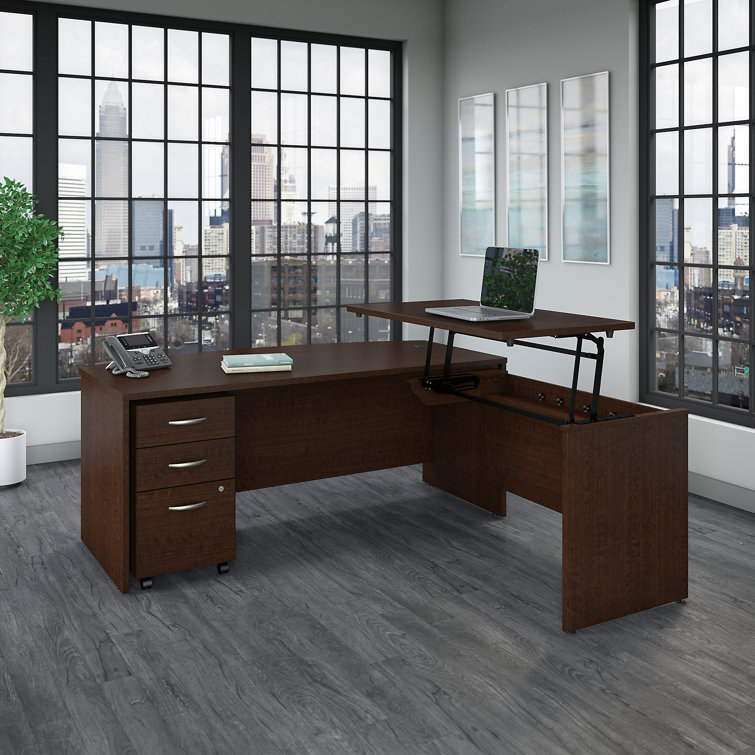 Mocha Cherry L-Shaped Adjustable Standing Desk with File Cabinet