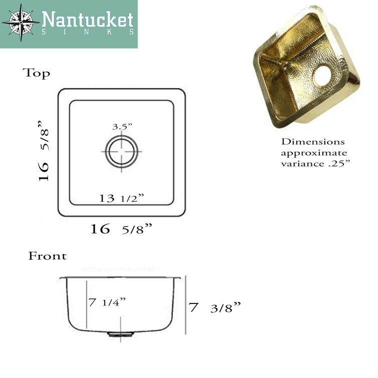 Hand-Hammered Brass and Copper Square Drop-In Sink, 17"