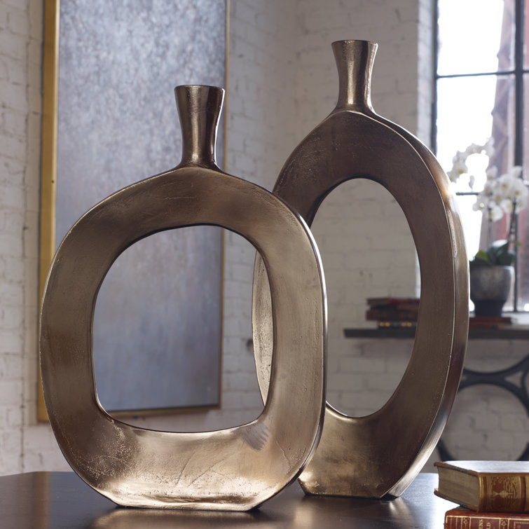 Bronze Open Center Metal Decorative Vase Set