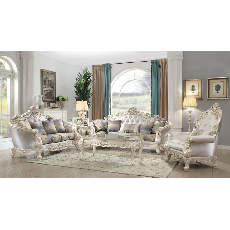 Elegant Antique White Floral Tufted Sofa with Nailhead Trim