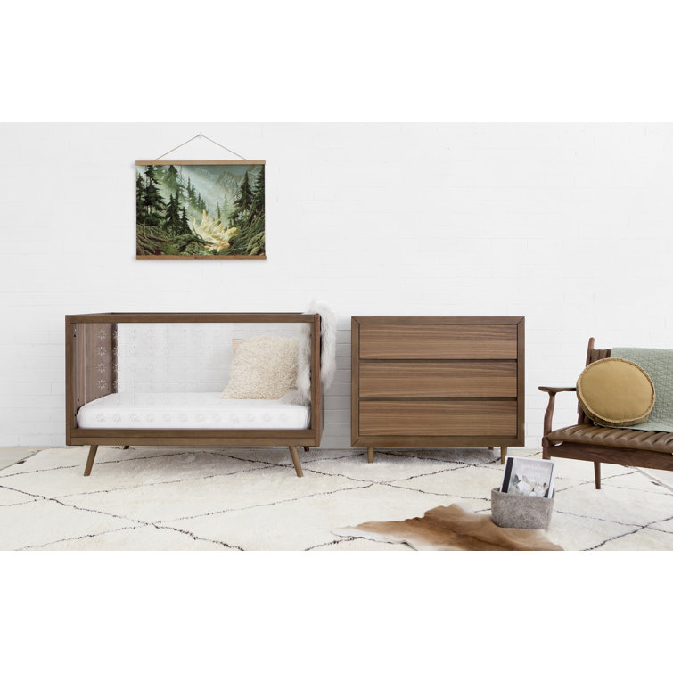 Walnut and Clear Acrylic Mid-Century Modern Convertible Crib