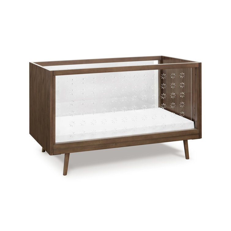 Walnut and Clear Acrylic Mid-Century Modern Convertible Crib