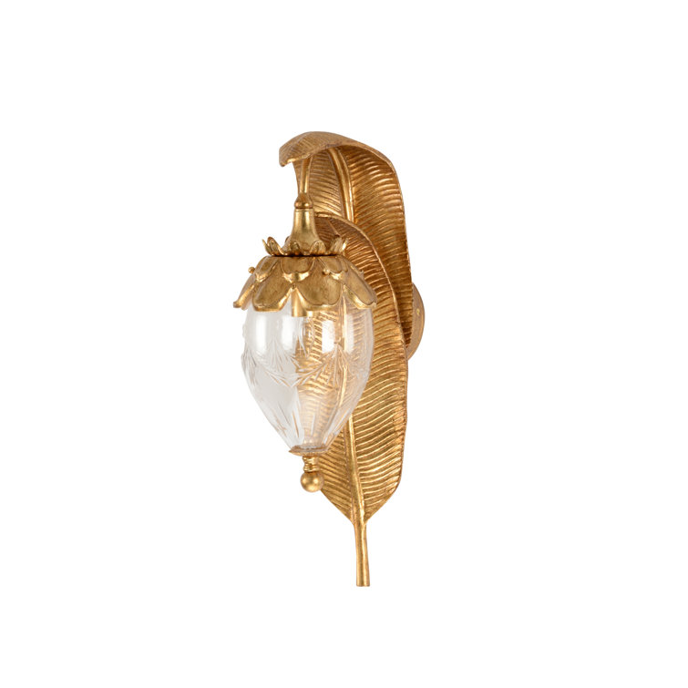 Elegant Gold Leaf Direct Wired Aluminum Sconce with Etched Glass