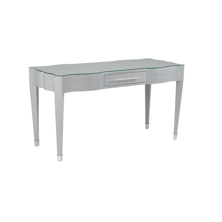 Harlee Transitional Gray Raffia Writing Desk with Glass Top