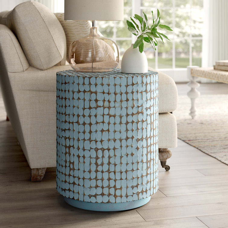 Juliette Coastal Blue Coconut Shell Mosaic Round End Table