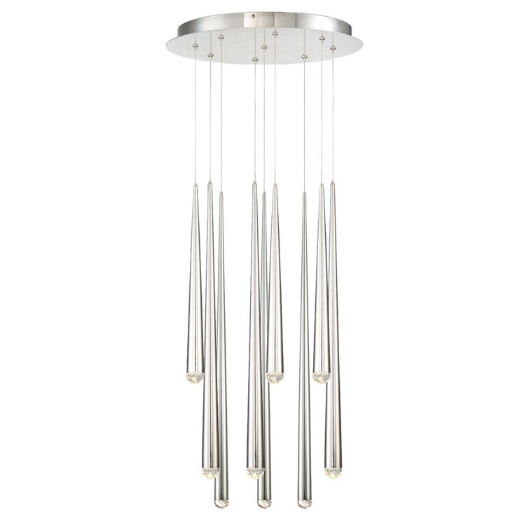 Cascade Polished Nickel 9-Light LED Cluster Pendant with Hand-Cut Crystal