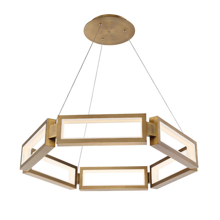 Aged Brass 6-Light Geometric LED Chandelier with White Silica Diffuser
