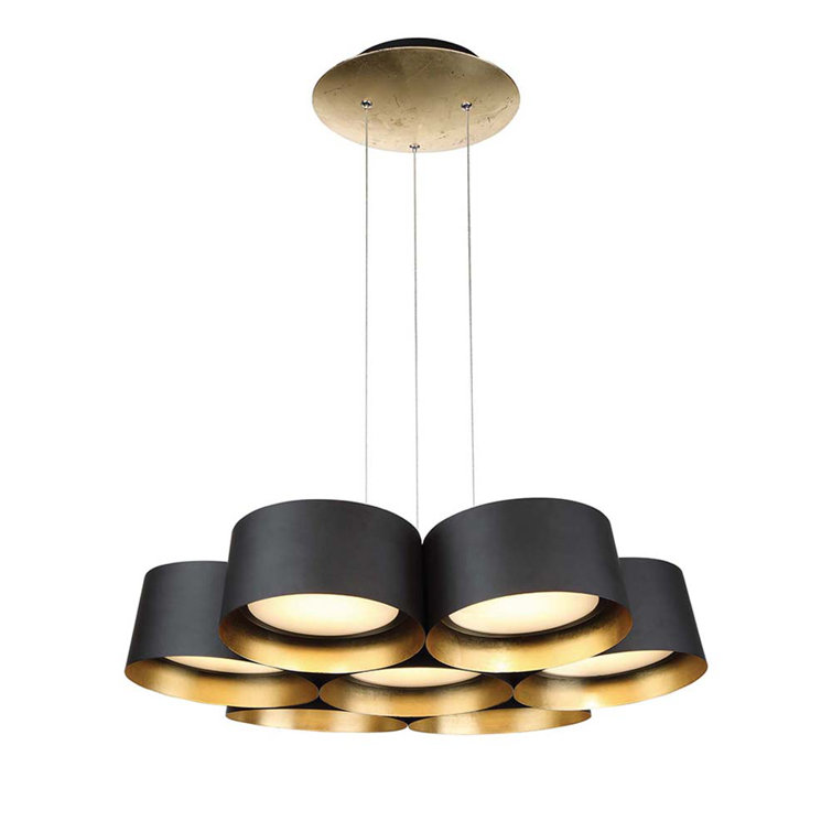 Black Gold Leaf 7-Light Drum Chandelier with Opal Glass