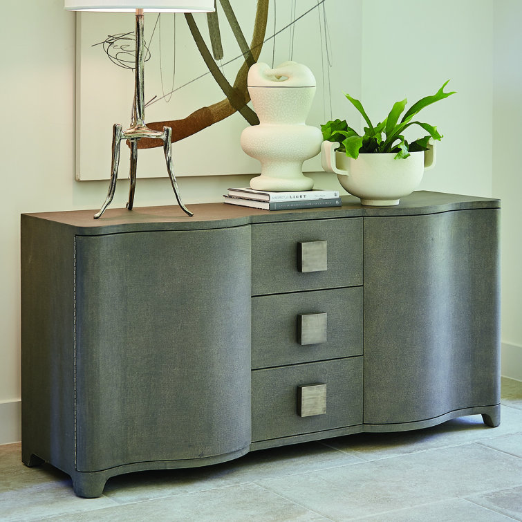 Gray Linen and Oak 66" Credenza with Antique Nickel Hardware