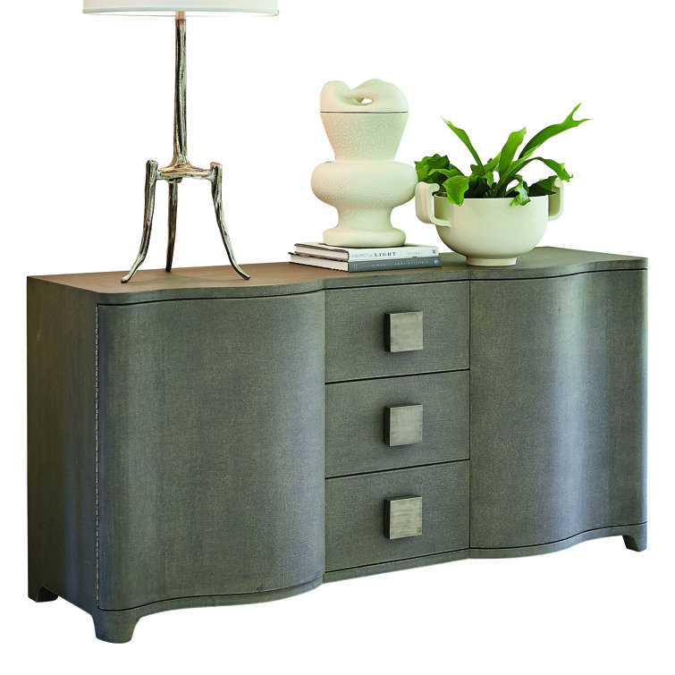 Gray Linen and Oak 66" Credenza with Antique Nickel Hardware