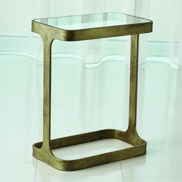 Petite Antique Gold Metal and Glass Accent Table