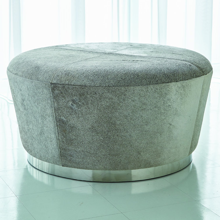Round Gray Hair-on-Hide Ottoman with Nickel Trim