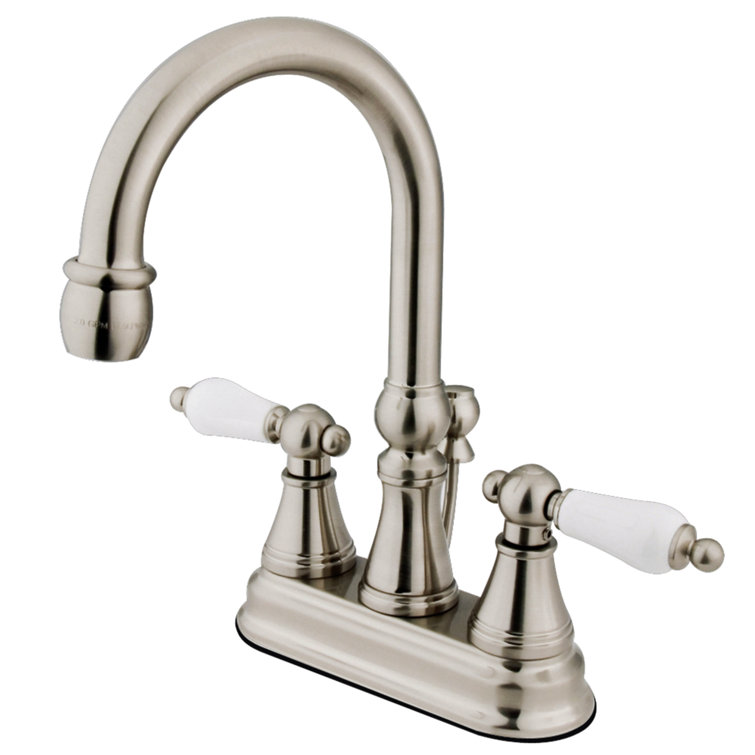 Satin Nickel Double Handle High-Arc Bathroom Faucet with Drain Assembly