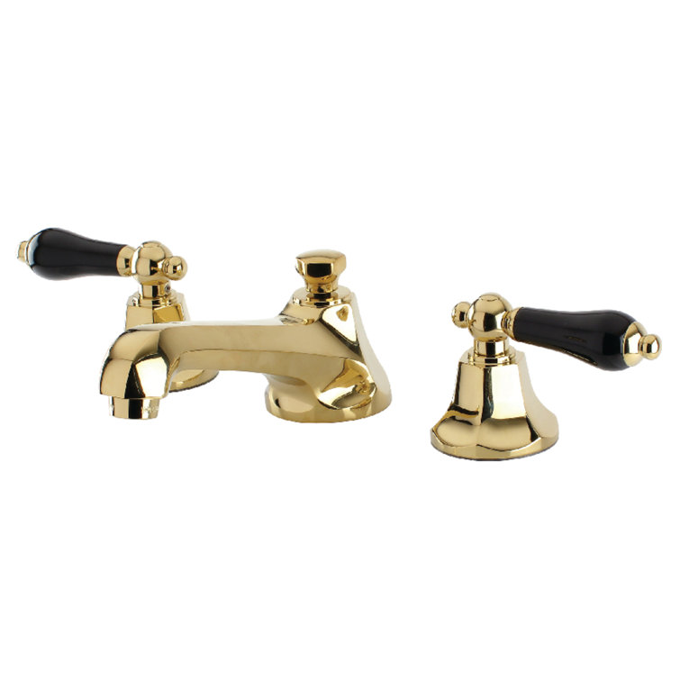 Polished Brass Widespread Bathroom Faucet with Black Porcelain Handles