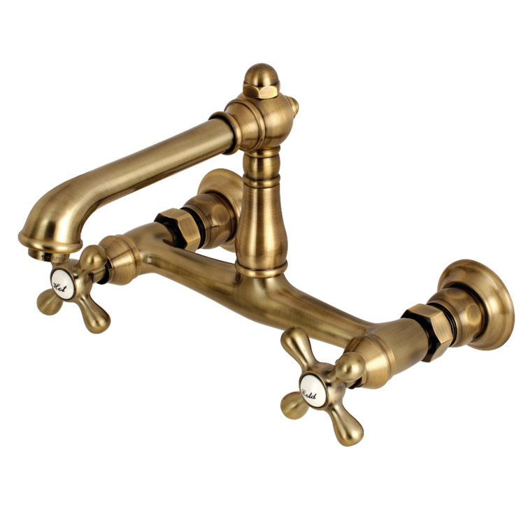English Country 8" Vintage Brass Wall Mount Bathroom Faucet
