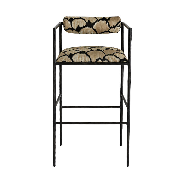 Barbana 30" Black Hand-Forged Metal Bar Stool with Embroidered Cushion