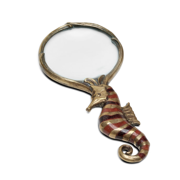 Brass Seahorse Magnifying Glass with Crackled Shell Inlays