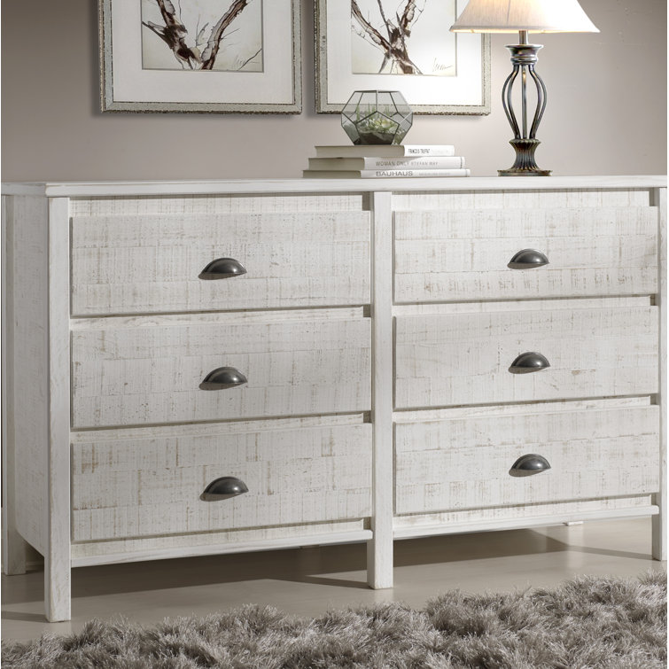 Farmhouse Baja Double 6-Drawer Dresser in Shabby White with Felt-Lined Drawers