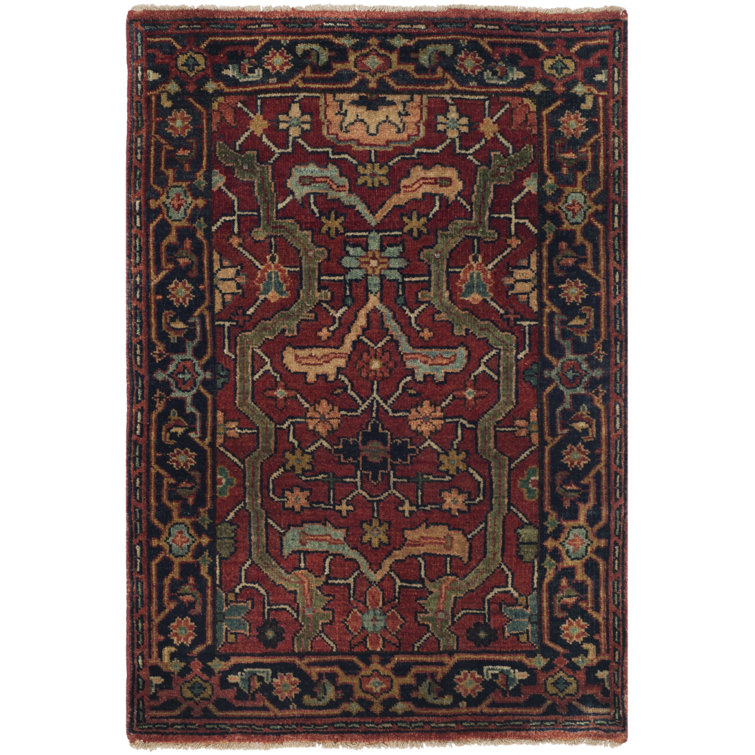Vintage Red Geometric Hand-Knotted Wool Area Rug 2' x 3'