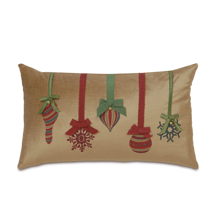 Gold Velvet Lumbar Pillow with Handpainted Christmas Ornaments