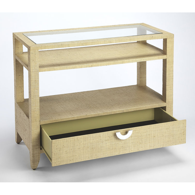 Ocean Blue Raffia and Glass Console Table with Storage