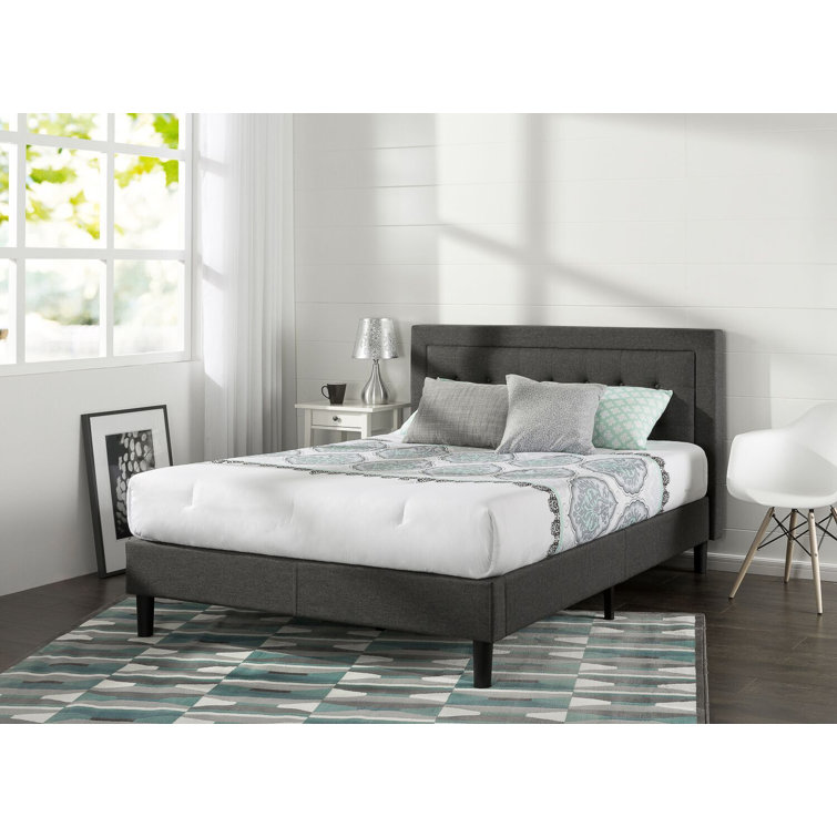 Dark Grey Queen Upholstered Platform Bed with Tufted Headboard