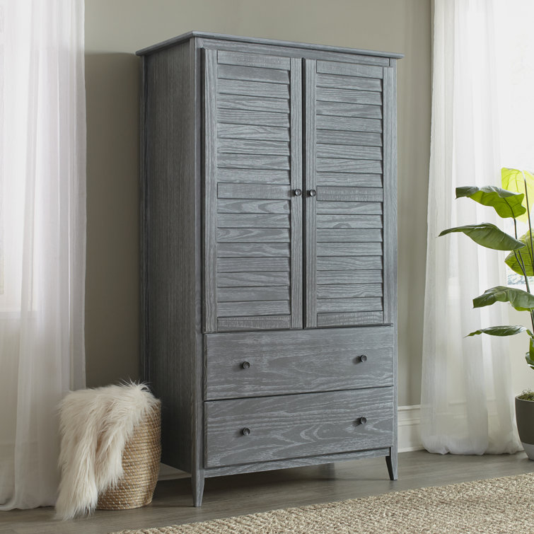Brushed Grey Coastal Solid Pine Wood Armoire with Louvered Doors