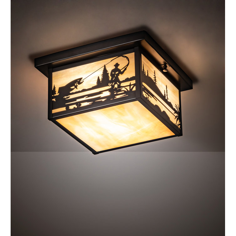 Craftsman Brown 17" Fly Fishing Creek Art Glass Flush Mount