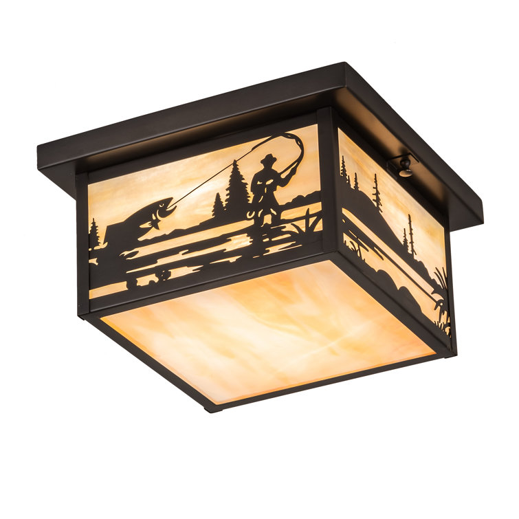 Craftsman Brown 17" Fly Fishing Creek Art Glass Flush Mount