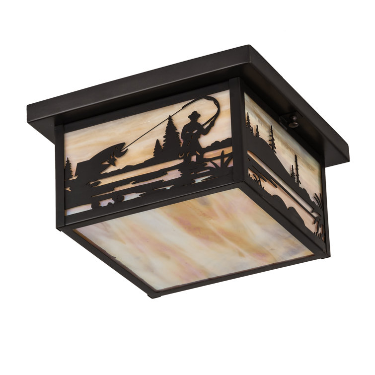 Craftsman Brown 17" Fly Fishing Creek Art Glass Flush Mount