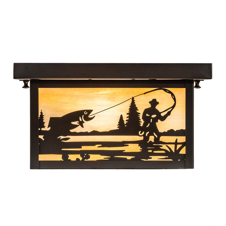 Craftsman Brown 17" Fly Fishing Creek Art Glass Flush Mount