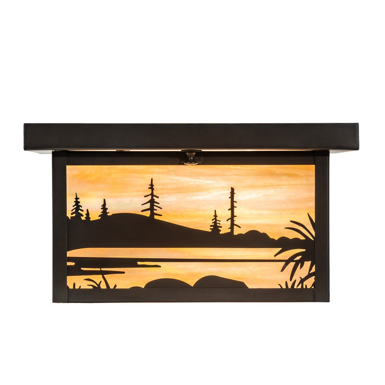 Craftsman Brown 17" Fly Fishing Creek Art Glass Flush Mount