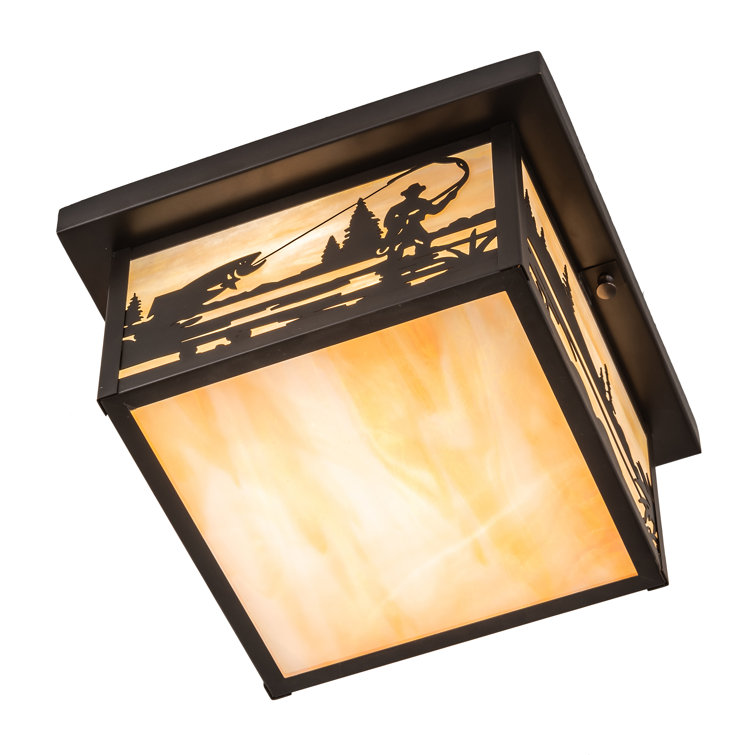 Craftsman Brown 17" Fly Fishing Creek Art Glass Flush Mount