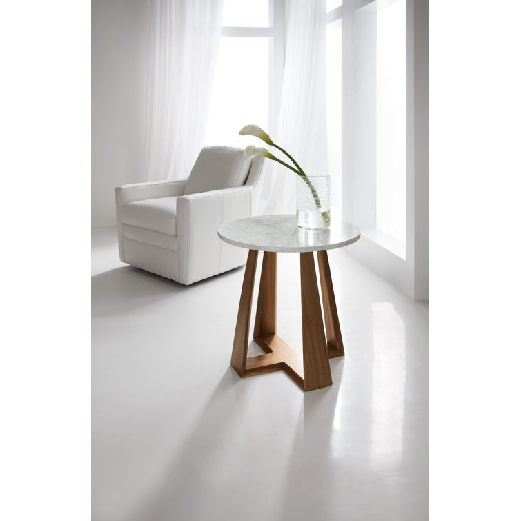 Round Brown Wood and Stone Transitional End Table