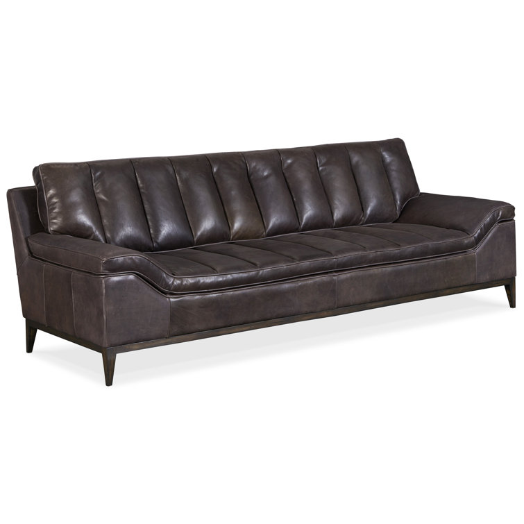 Kandor Tufted Black Leather Sofa with Nailhead Dark Wood Base