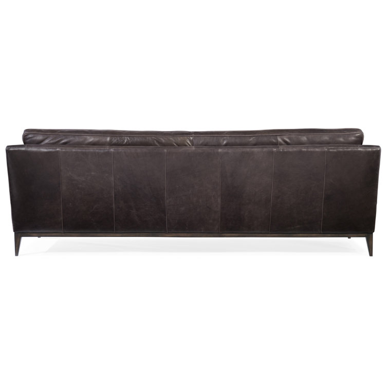 Kandor Tufted Black Leather Sofa with Nailhead Dark Wood Base