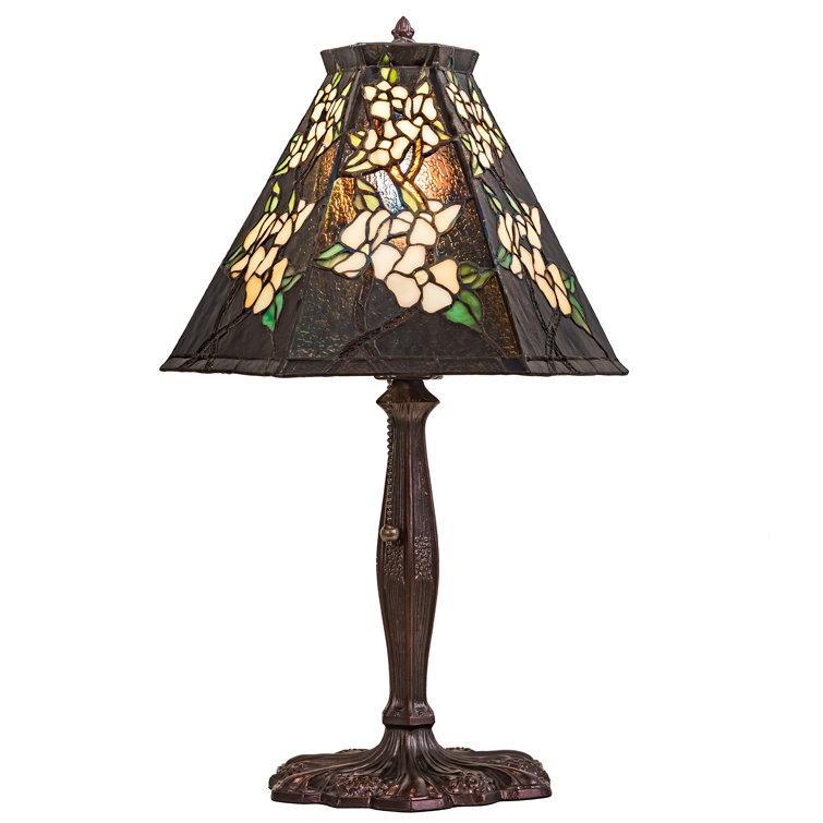 Blue Stained Glass Peony Table Lamp with Bronze Base