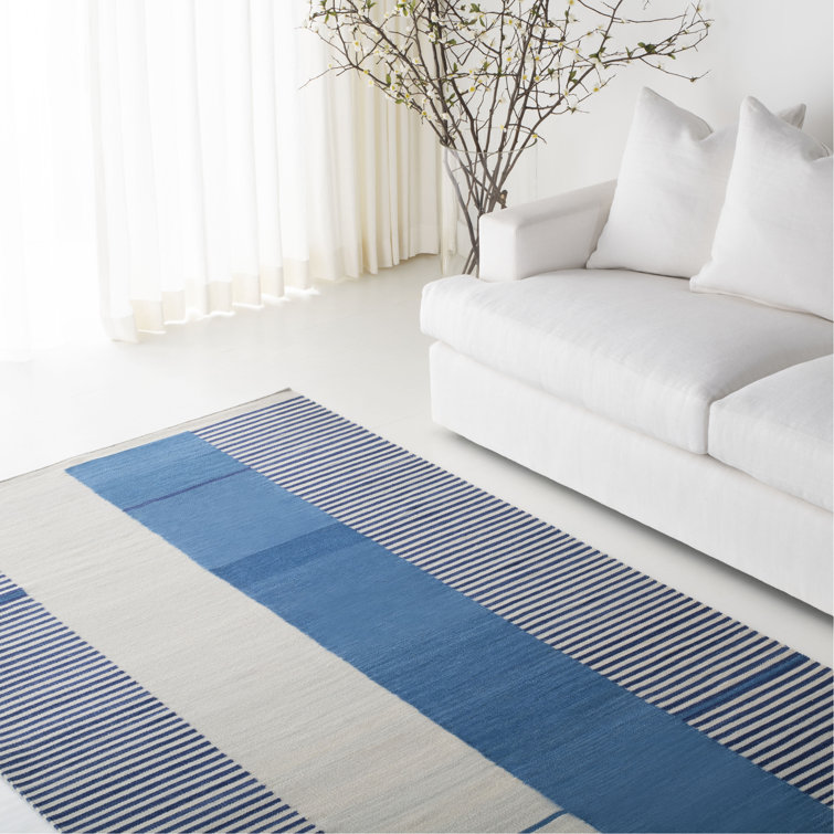 Aryn Stripe Blue and White Wool Flat Weave Rug