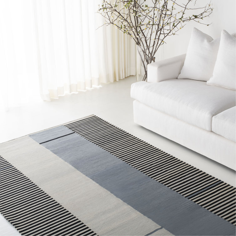 Slate and Beige Wool Stripe Flat Weave Rug, 4' x 6'