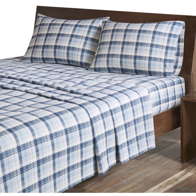 Queen Blue Plaid Cotton Flannel Sheet Set