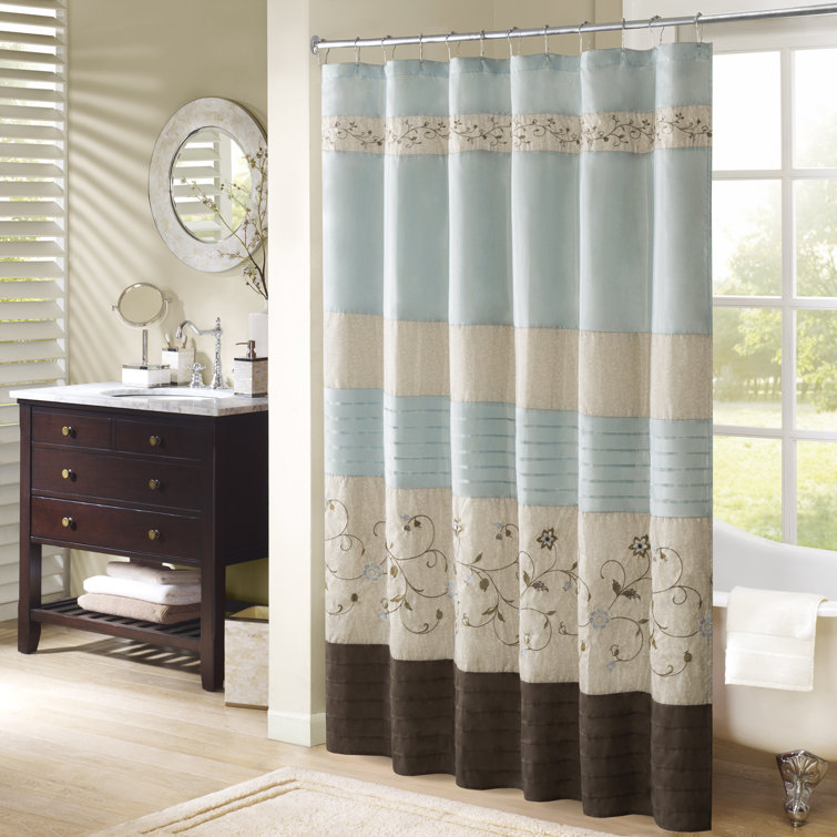 Red and Beige Faux Silk Embroidered Floral Shower Curtain