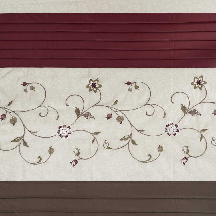 Red and Beige Faux Silk Embroidered Floral Shower Curtain