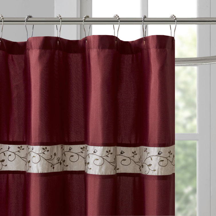 Red and Beige Faux Silk Embroidered Floral Shower Curtain