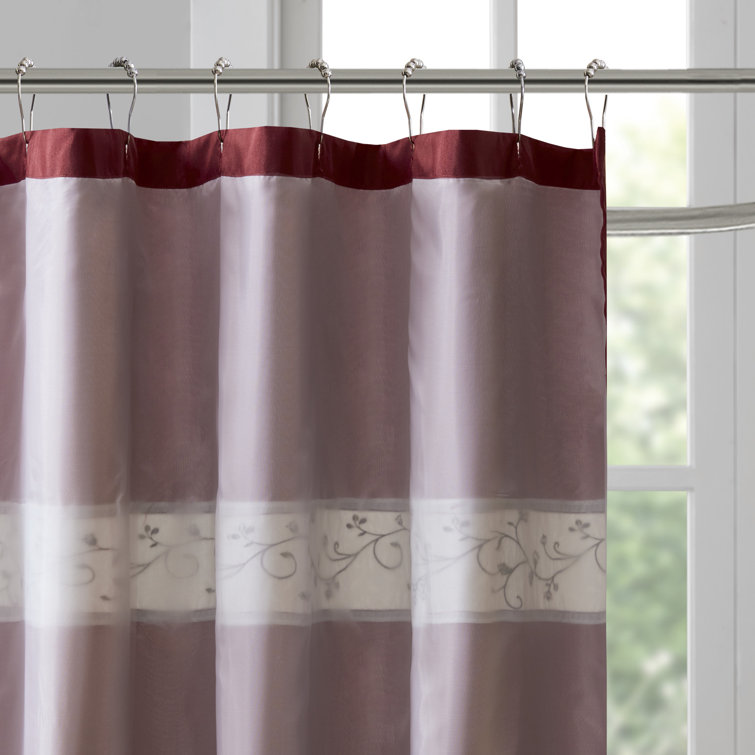 Red and Beige Faux Silk Embroidered Floral Shower Curtain