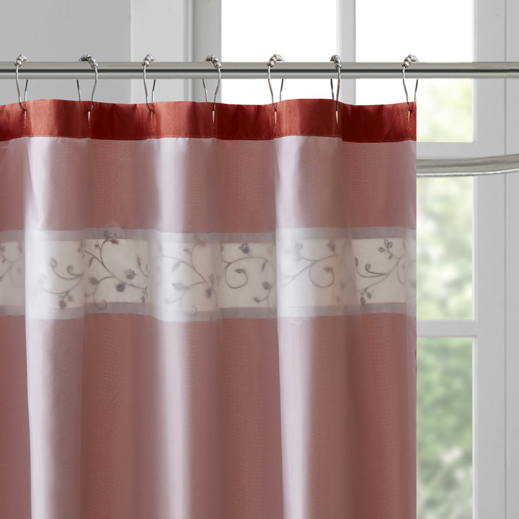 Red and Beige Faux Silk Embroidered Floral Shower Curtain