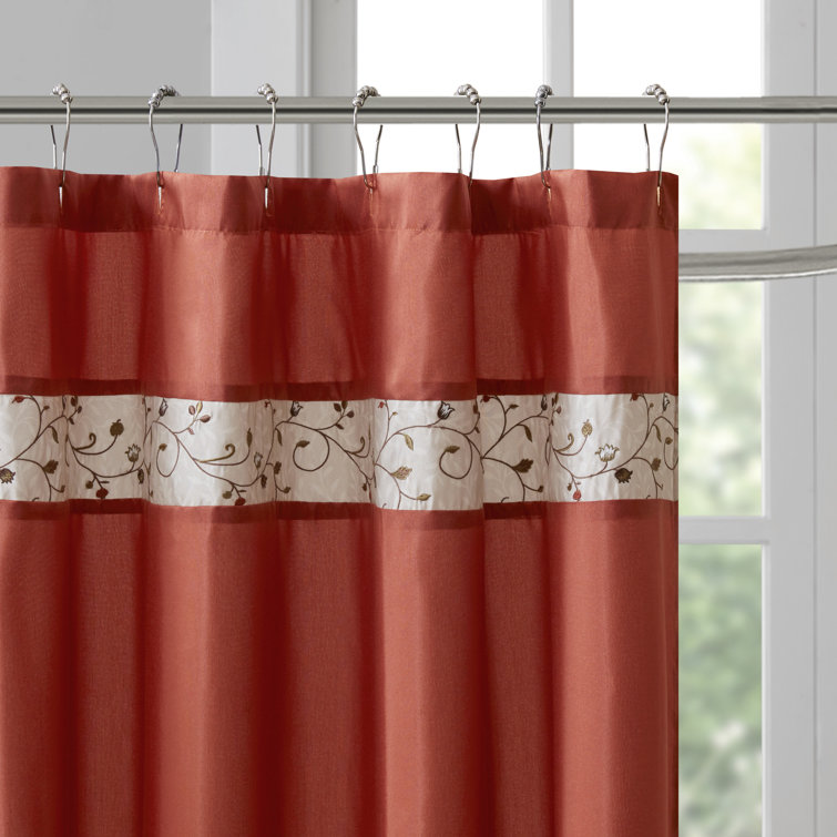 Red and Beige Faux Silk Embroidered Floral Shower Curtain