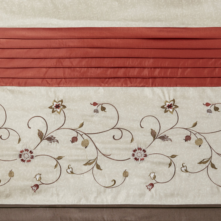 Red and Beige Faux Silk Embroidered Floral Shower Curtain