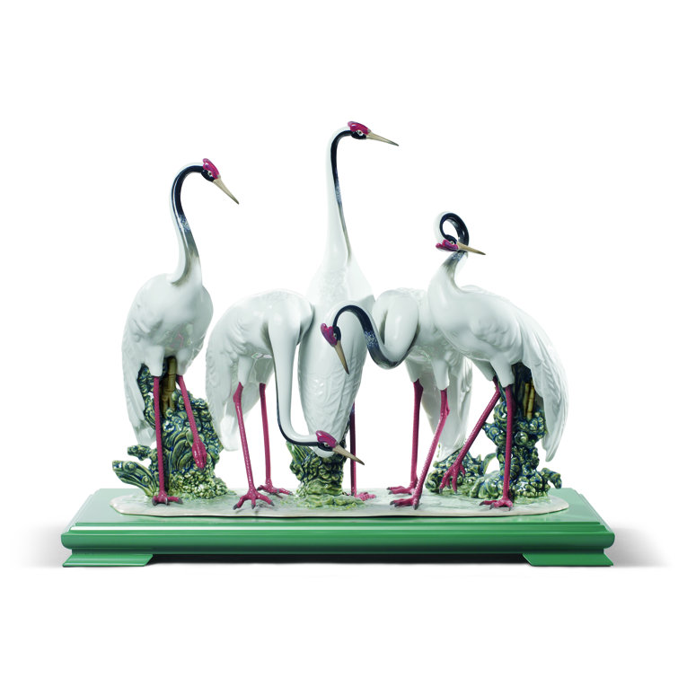 Elegant White and Green Crystal Crane Figurine Set