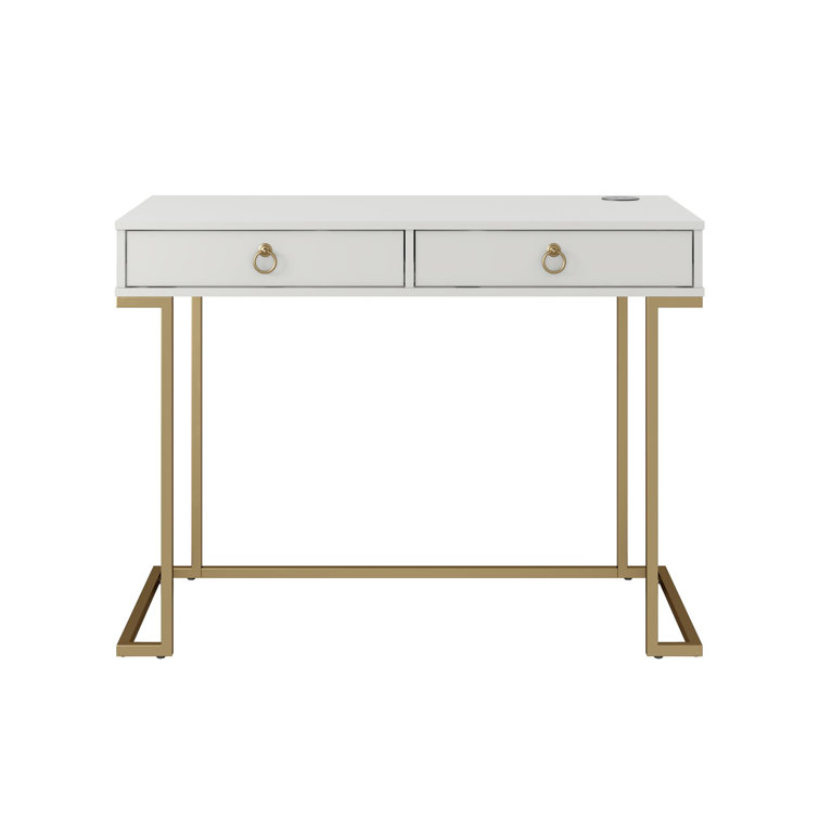 Camila White 44" Modern Writing Desk with Gold Accents & Wireless Charging
